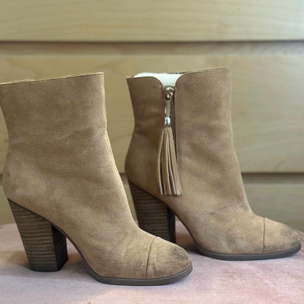 JustFab Tan Heeled Boots with Tassel Detail
